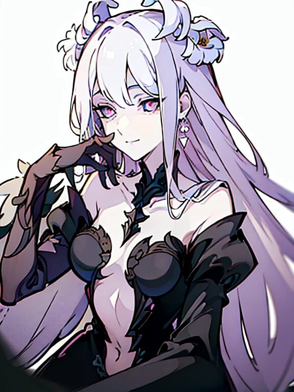 ((((masterpiece, Best Quality, Ultra-high resolution, Best illustrations)))), ((Portrait of a person standing against a white background)), (Very delicate and cute face, Sparkling Eyes), (((black sclera, small white iris))), A beautiful lady named "Sinza" in black is standing diagonally to the left alone., white long hair, large breasts, Her eyes are small white iris and black sclera., She wear black china dress and elbow gloves., full body, evil smile,