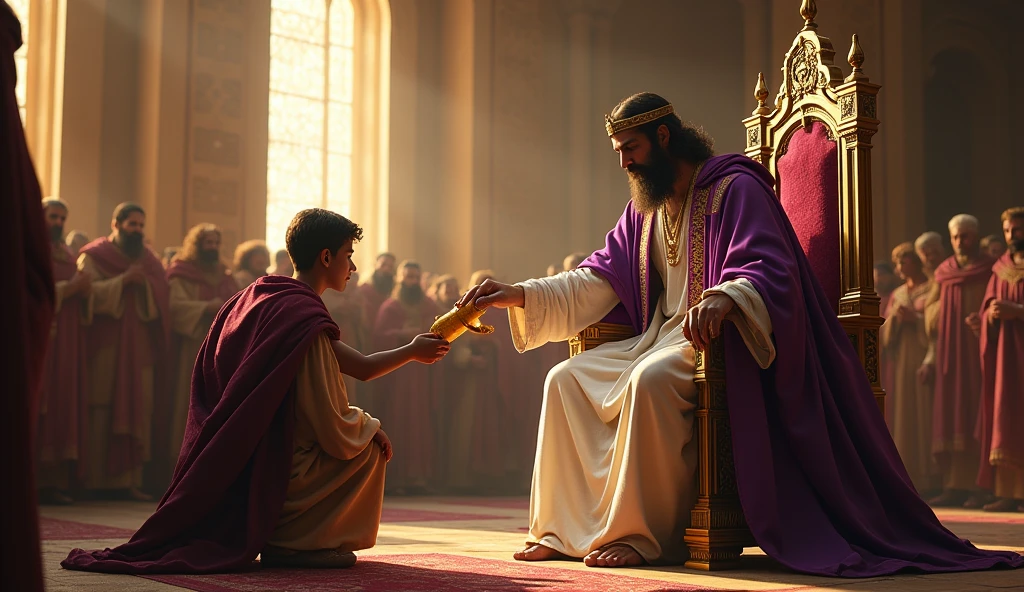 Crie uma imagem hiper-realista e misteriosa de Solomon em uma grande sala do trono, where he is surrounded by advisors, traders and ordinary citizens. Solomon, dressed in a long tunic of white linen with gold embroidery and a richly decorated purple cloak, He is sitting on his throne, reaching out to offer a sealed scroll to a young merchant who kneels before him in gratitude. ao redor, people watch with expressions of admiration and respect. The golden light coming through the tall windows of the hall illuminates the scene, creating an atmosphere of reverence and unity. A cena simboliza que a generosidade de Solomon não apenas fortalece suas conexões, but also builds a network of support and trust that is essential for lasting success.