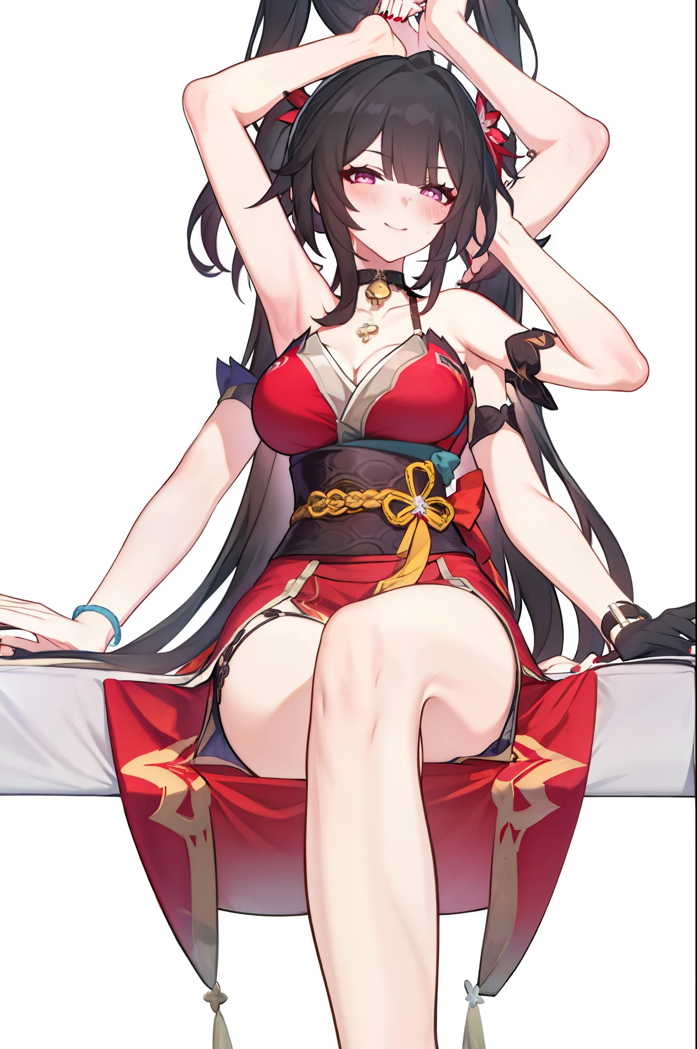 (2 heads:1.3), 1 woman, Sparks \(Honkai: Star Rail\), Twintail, hair accessories, alone, Off shoulder kimono, black nails, Mask on the head, Arms separated,legs apart, choker, heart, Single gloves, Wristband, Hanging rope across, thigh strap, Blush, sit, from below, Focus on the feet, cross your legs., cross your legs,  Look at the viewer., Barefoot, suffocate, ecstasy, smileที่เย้ายวนใจ, Pink-red bedroom, sofa,Masterpiece, illustration, beautiful, 4K, 8ก,DSLR Photos, (8ก, 4K, Masterpiece),(Masterpiece, best quality), best resolution, (3 heads:1.5),Arms separated,arm circle, (Put your hands on your head....), (lower hand on ankle), (lower hand on leg), Full content in the frame, full body view, (four arms),(Multi-arm),(many hands), รูปร่างเพรียวบาง Masterpiece,best quality,best resolution,1 woman,many heads, upper body, smile,  Facing the audience,big breasts,simple background,หน้าbeautiful,ผมbeautiful,ดวงตาbeautiful,ร่างกายที่beautifulงาม,มือbeautiful,conjoined twins