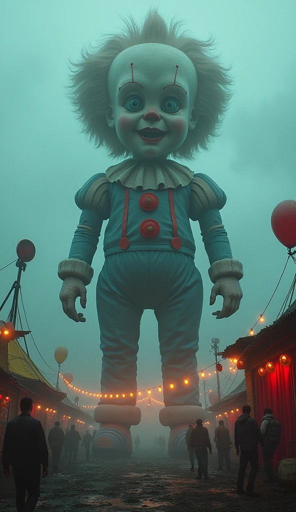 Best quality, masterpiece, giant balloon doll with big head, circus background, detailed image texture, grotesque, horror, creepy atmosphere (not AI image), foggy, cloudy weather, colorful lighting