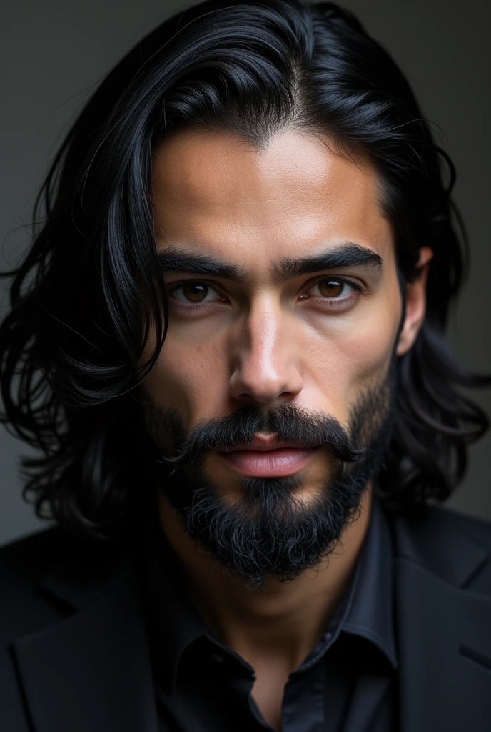 Create an image of a young man with black hair, long and straight and beard with long and beautiful hairs in the gradient