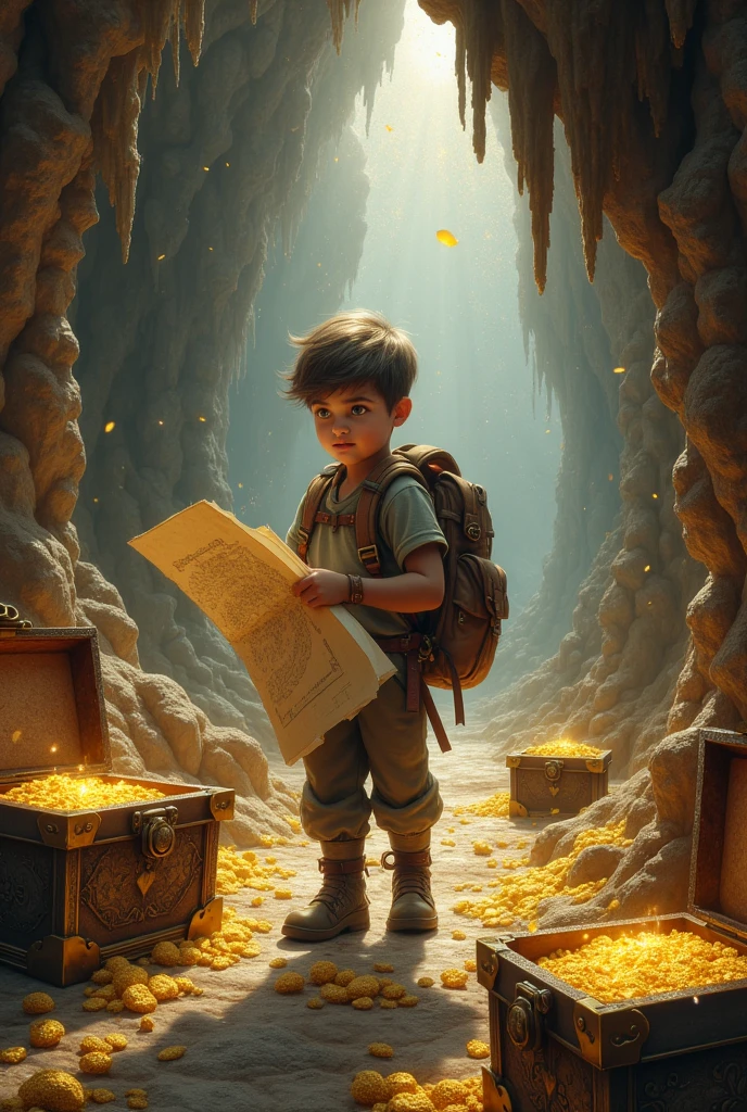 A boy with a backpack and a map in a cave with chests full of gold around