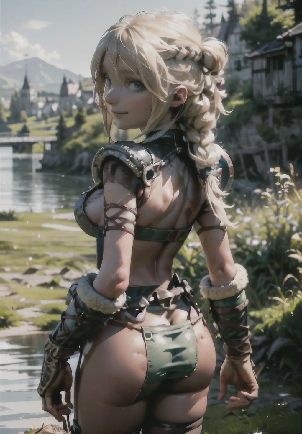 astrid_hofferson, smile, (masterpiece, best quality, absurdres, detailed, ultra-detailed:1.3), High Resolution, Best Quality, back View, bikini thong, exposed butt,