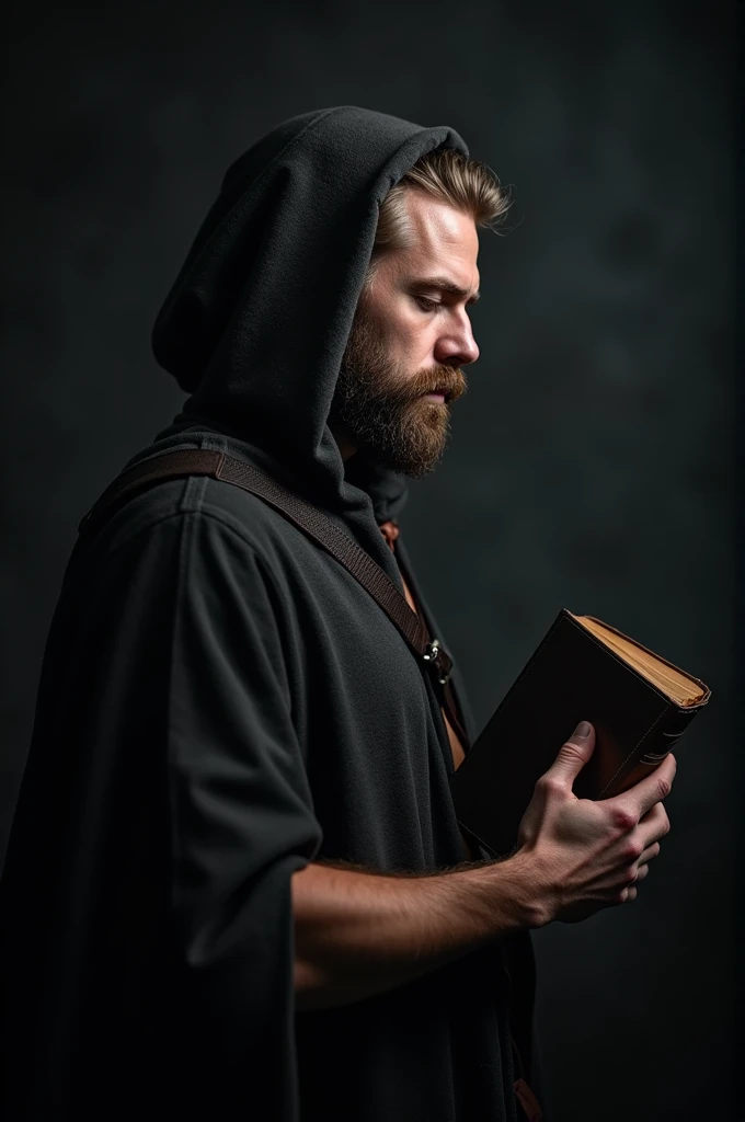 Side portrait of a mysterious and handsome 22 year old Viking man. He's muscular, with medium length brown beard, wearing a dark hooded cloak. The environment is dark and poorly lit, enhancing the air of mystery. He holds a Bible with both hands, with an intense and enigmatic expression.