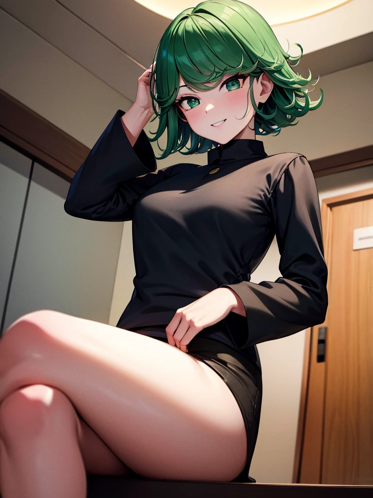 (high res, 8K, masterpiece, looking at viewer, best quality, very aesthetic, ultra detailed, ultra background, ultra Eyes) intricate details, 1girl, Tatsumaki, Wear white long sleeved shirt, long black pants, black loafers, green short hair, green eyes, smile face, Cheeks Flushed, Facing the camera, Background Lobby Campus, Cinematic Angle