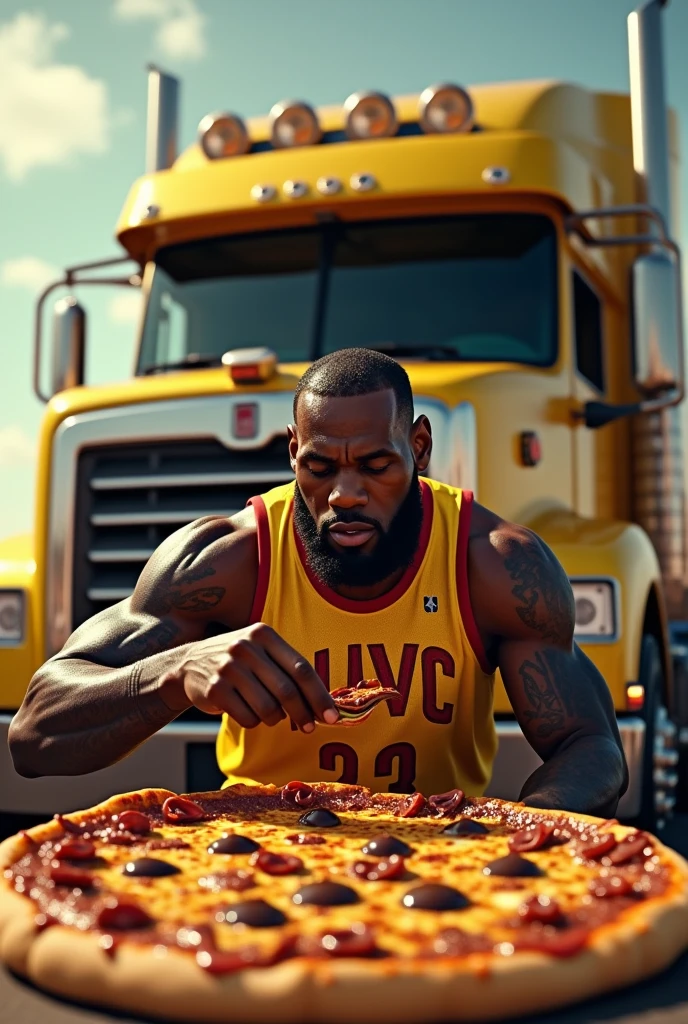 Lebron James eating a gold pizza with chocolate in a big truck