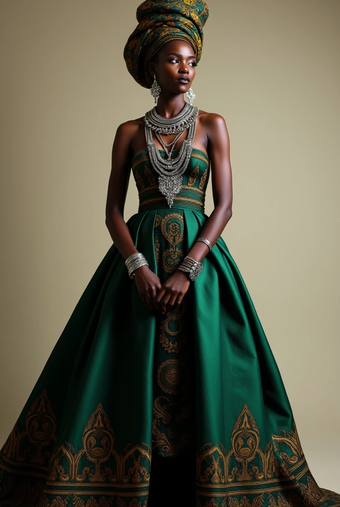 With African lady in black and green dress with. Silver necklaces and bracelets and turban
