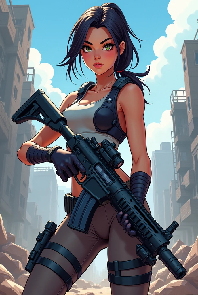 A female character from a battle royale game with a gun in her hand. Cartoon graphic