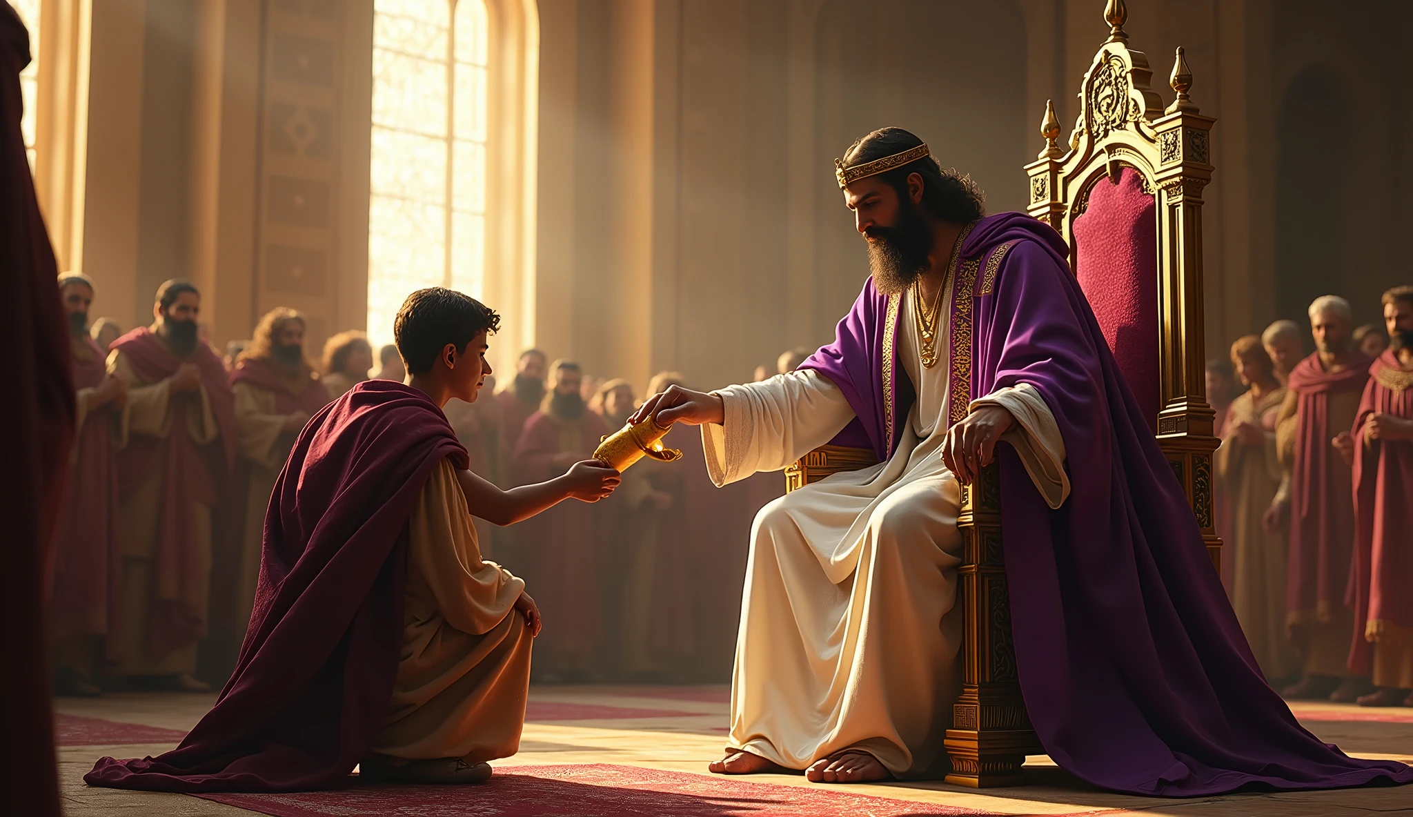 Crie uma imagem hiper-realista e misteriosa de Solomon em uma grande sala do trono, where he is surrounded by advisors, traders and ordinary citizens. Solomon, dressed in a long tunic of white linen with gold embroidery and a richly decorated purple cloak, He is sitting on his throne, reaching out to offer a sealed scroll to a young merchant who kneels before him in gratitude. ao redor, people watch with expressions of admiration and respect. The golden light coming through the tall windows of the hall illuminates the scene, creating an atmosphere of reverence and unity. A cena simboliza que a generosidade de Solomon não apenas fortalece suas conexões, but also builds a network of support and trust that is essential for lasting success.