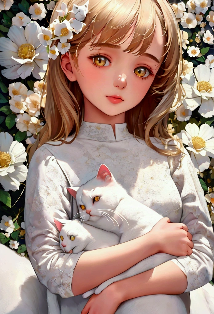 oil painting, ( A scene of holding a white cat in one&#39;s arms, flower ), A portrait expressing the deep bond between a girl and a cat, (Close-up of the upper body_A look that looks at the viewer), Peacefulness, high resolution, vivid silhouette, 3D texture, Very detailed description, Oil painting style,