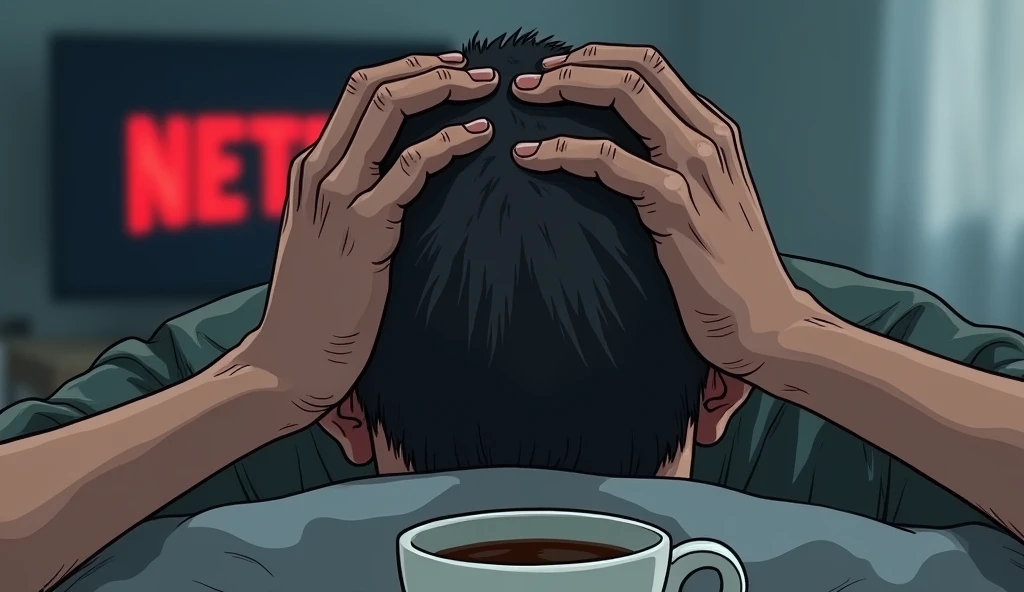 Illustration of hands holding a tired head, close up: With a cup of coffee beside him and an expression of deep exhaustion, with a background of a Netflix series screen: Blurry, suggesting an attempt to ignore fatigue.