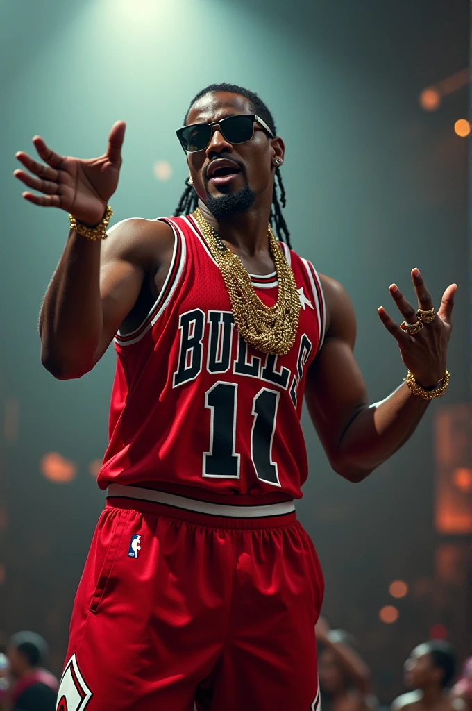 Lit Killah in a Chicago Bulls jersey and gold necklace