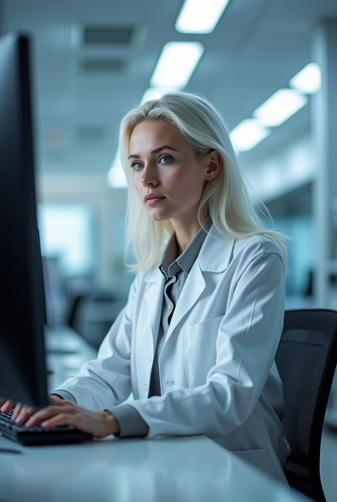 Woman, European, platinum hair,The eyes, sitting on a chair in front of a computer, cientist, 's uniform , hall, laboratory