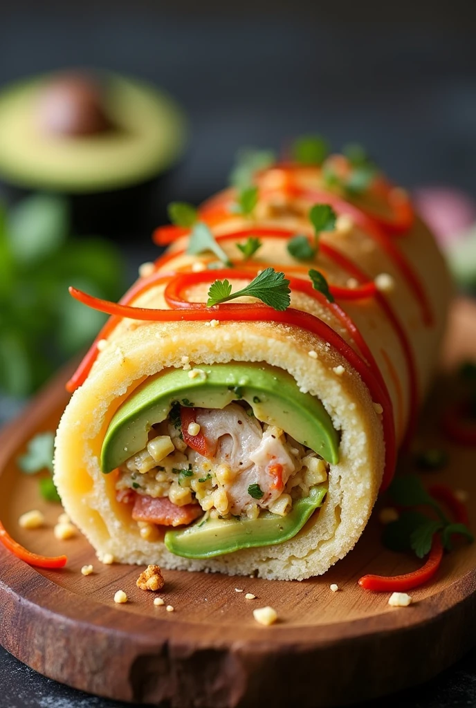 Lima-style cause in the form of a pionono, with avocado inside, tuna, Shredded chicken combined with cream and vegetables, decorated with chili cream on the outside