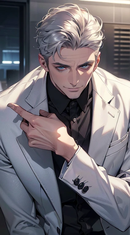 (best quality,4k,8k,highres,masterpiece:1.2),ultra-detailed,(realistic,photorealistic,photo-realistic:1.37),1 man,3,mature man,very handsome,without expression,smile,short silver hair,blue eyes,penetrating gaze,perfect face without errors,imposing posture,businessman,office background,cinematic lighting,hdr image