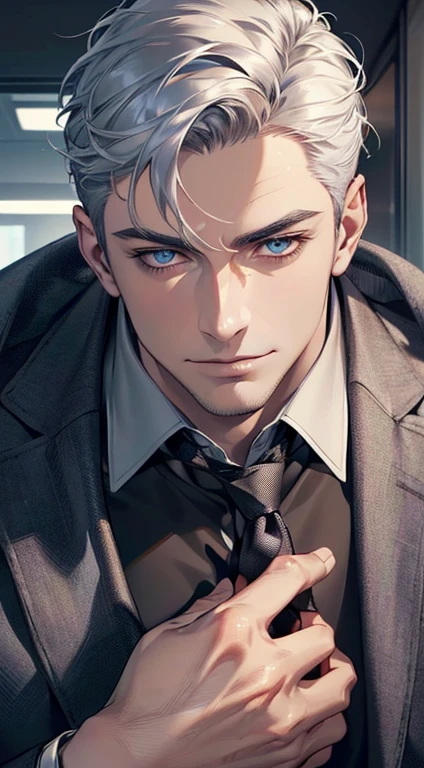 (best quality,4k,8k,highres,masterpiece:1.2),ultra-detailed,(realistic,photorealistic,photo-realistic:1.37),1 man,3,mature man,very handsome,without expression,smile,short silver hair,blue eyes,penetrating gaze,perfect face without errors,imposing posture,businessman,office background,cinematic lighting,hdr image