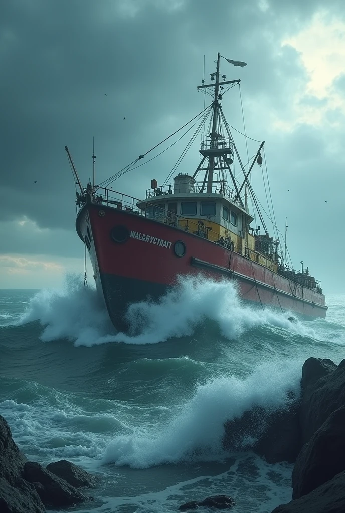 (barco cangrejero, crab boat, stormy sea, rough waves, raging storm, dramatic seascape, dramatic lighting, cold color tones, moody atmosphere, cinematic, (best quality,4k,8k,highres,masterpiece:1.2),ultra-detailed,(realistic,photorealistic,photo-realistic:1.37),dramatic lighting,cinematic composition,dramatic color palette,epic scale,powerful waves,turbulent waters,gloomy sky,ominous clouds)