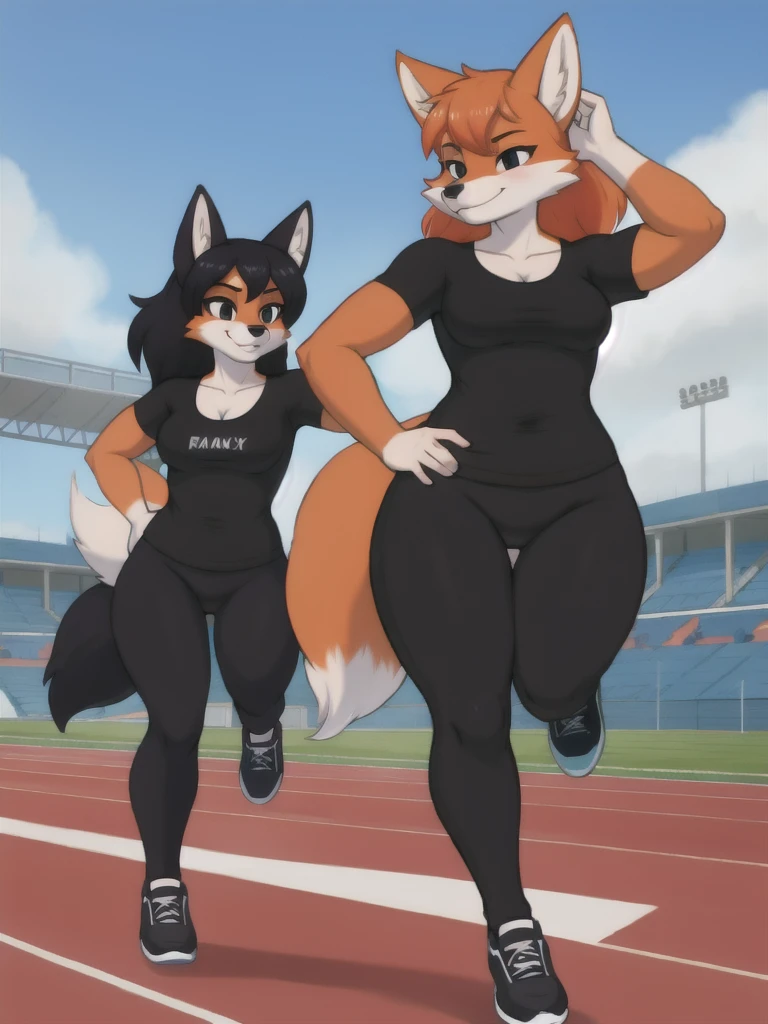 Furry, fox, female, black shirt, black leggings, shoes, running track, friends, full body