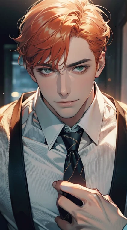 (Highest quality,4K,8K,High resolution,masterpiece:1.2),Super detailed,(Realistic,photoRealistic,photo-Realistic:1.37),1 personld,Mature Men,Beautiful skin、very handsome,Expressionless smile in love,Short orange hair,green eyes,Sharp Eyes,A perfect face without a doubt,Businessman, CEO, Office Background,Cinema Lighting,HDR image,tie、