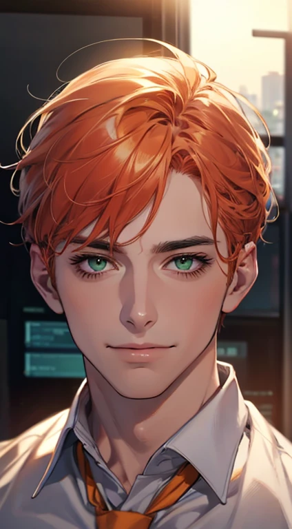(Highest quality,4K,8K,High resolution,masterpiece:1.2),Super detailed,(Realistic,photoRealistic,photo-Realistic:1.37),1 personld,Mature Men,Beautiful skin、very handsome,Expressionless smile in love,Short orange hair,green eyes,Sharp Eyes,A perfect face without a doubt,Businessman, CEO, Office Background,Cinema Lighting,HDR image,tie、