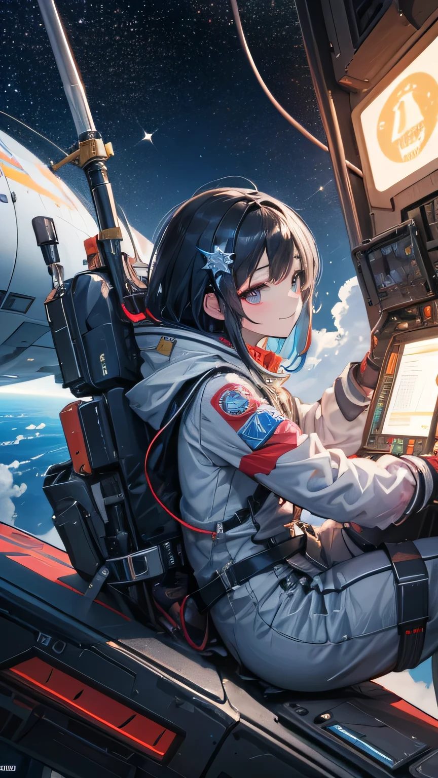 (((masterpiece))), (((Highest quality))), ((Very detailed)), (Highly detailed CG illustrations), ((Very delicate and beautiful)),(From the side),Cinematic Light,A girl climbs into the cockpit、Black Hair、long、Boarding a small spaceship,In the cockpit,Starry Sky, Big Clouds,colored glaze,Golden Universe,Space Station、Preparing for takeoff、Spacesuit、Aiming for Andromeda、Toa Heavy Industries decals、Lonely smile,A cable connects the body to a small spacecraft、Close the hatch,Complex Instrumentation
