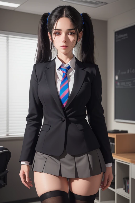 1girl, beautiful young woman, long black hair, twin tails, blue blazer uniform, tie, tight skirt, knee socks, standing in anatomy club room, gazing at viewer, sweet expression, human body drawings on blackboard, (best quality,4k,8k,highres,masterpiece:1.2),ultra-detailed,(realistic,photorealistic,photo-realistic:1.37),anatomy,scientific,precise,hyper-realistic,intricate details,vivid colors,cinematic lighting,volumetric lighting,depth of field,photo-realistic rendering