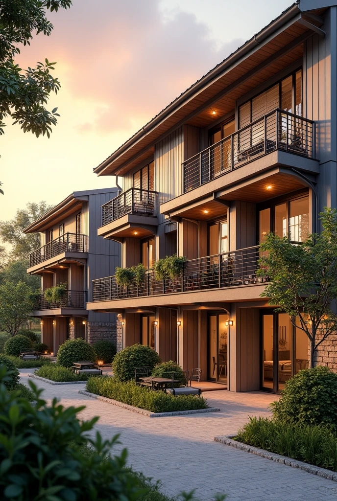 Create a simple double storey terrace structured housing by units with nice sunset view