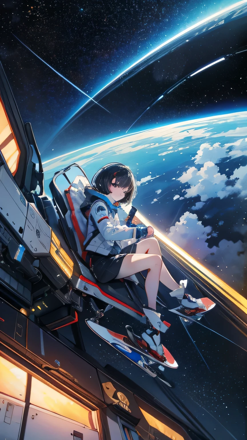 (((masterpiece))), (((Highest quality))), ((Very detailed)), (Highly detailed CG illustrations), ((Very delicate and beautiful)),(From the side),Cinematic Light,A girl climbs into the cockpit、Black Hair、long、Boarding a small spaceship，In the cockpit，Starry Sky, Big Clouds,colored glaze,Golden Universe，Space Station、Preparing for takeoff、Spacesuit、Aiming for Andromeda、Toa Heavy Industries decals、Lonely smile，A cable connects the body to a small spacecraft、Close the hatch，Complex Instrumentation