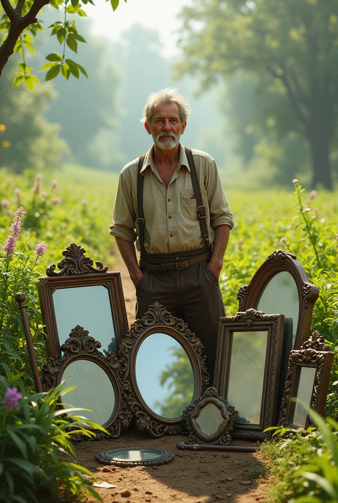 Man selling mirrors in a field full of plants