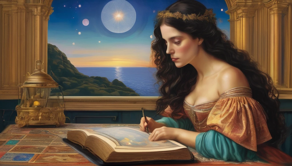 Marie Anne lenormand y Napoleon Bonaparte, white woman with black curly hair, vestida con tunicas de colores claros, sitting in front of a table reading the Lenormand oracle,Beautiful line art photo,Use gold strokes and rainbow paint,Golden Maiden,the golden ratio,Melted wax,Visible brush strokes,surrounded by crystal spheres,3D Mosaic Wireframe,neuroimaging,neurons,colours,california,intense emotion,oil on canvas,Thick strokes,insanely details,8k ultra high definition,tmasterpiece,art station