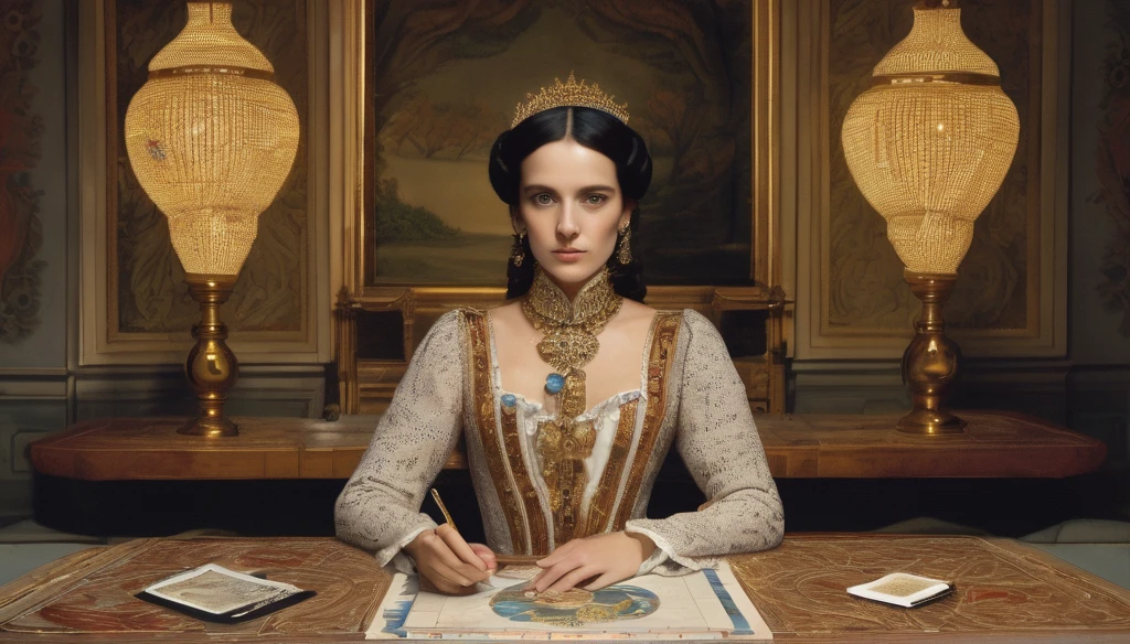 Marie Anne lenormand y Napoleon Bonaparte, white woman with black curly hair, vestida con tunicas de colores claros, sitting in front of a table reading the Lenormand oracle,Beautiful line art photo,Use gold strokes and rainbow paint,Golden Maiden,the golden ratio,Melted wax,Visible brush strokes,surrounded by crystal spheres,3D Mosaic Wireframe,neuroimaging,neurons,colours,california,intense emotion,oil on canvas,Thick strokes,insanely details,8k ultra high definition,tmasterpiece,art station