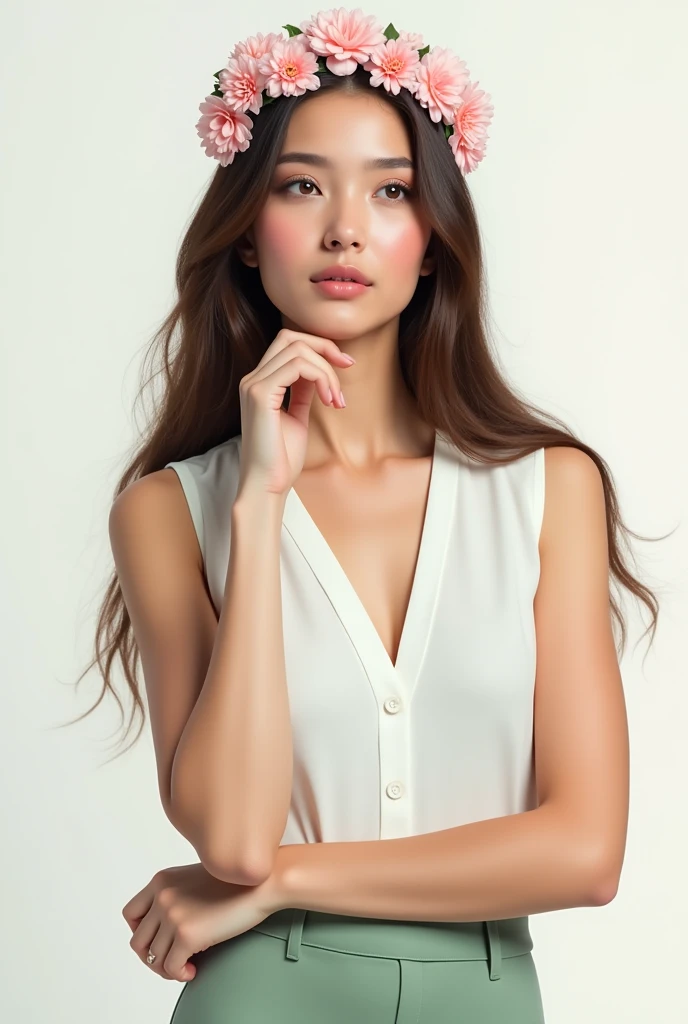 The image shows a realistic young woman with long, straight brown hair.. She is dressed in a white sleeveless blouse, which highlights your neck and arms, giving it a fresh and elegant look. The contrast between the white blouse and her light skin creates a clean and bright image.. 

She is wearing light green dress pants, which adds a touch of soft color to your outfit, maintaining a professional and polished appearance. The pants are well fitted, enhancing your figure. 

To complete the set, wear black heels, that add height and further stylize your appearance. Black heels are a classic accessory that goes well with the rest of your outfit., bringing a touch of sophistication. 

His expression is thoughtful, with large, clear eyes that look upwards, while her face is framed by a pink flower crown filter, which adds an air of softness and femininity to your overall image.