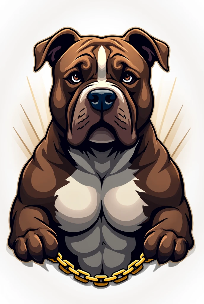 Generate a logo for a dog kennel, Eye-catching logo and gold chains, chocolate colored dogs, Exotic American Bully Breed, short snout, marked forehead, muscular, extra muscular, cropped ears like a pitbull, , The name that will be on the logo is 7K Bulls, micro size, that has more or less the body of an English bulldog