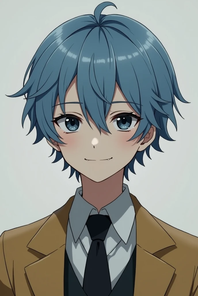 More mature anime style image. A gray background image. A ager with light blue hair and black eyes. He had a friendly smile, but at the same time he seemed to hide something in his eyes. He wore a formal blouse and a neat black tie, a vest over a dark yellow blazer which he kept closed.