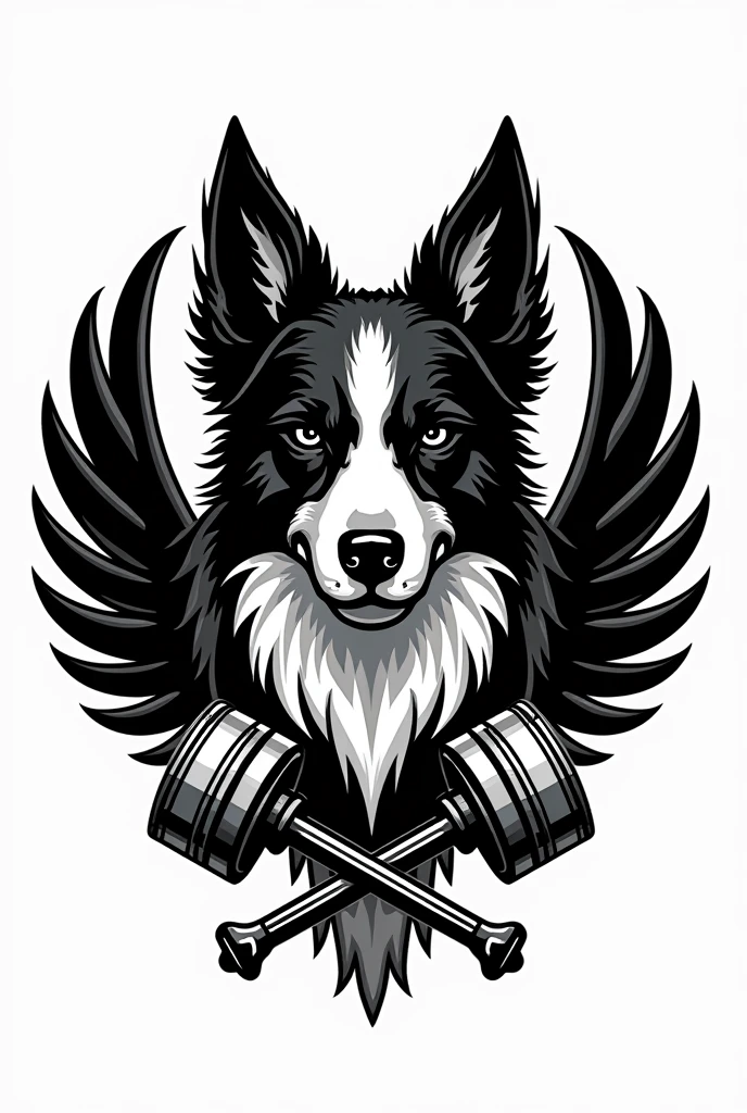 I need a crest for a motorcycle club in black and white with a white border colie dog with only one black ear(but not up to the eye) and angry in the middle but only his bust, with small wings coming out from behind him on the sides, and two crossed pistons coming out of the bottom of the dog's head
