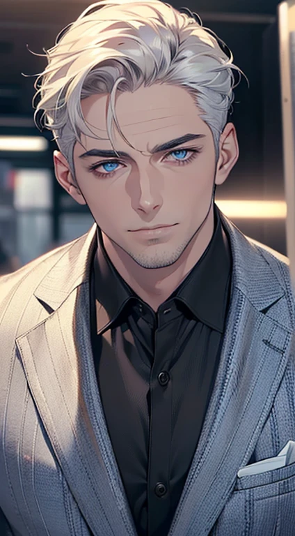 (best quality,4k,8k,highres,masterpiece:1.2),ultra-detailed,(realistic,photorealistic,photo-realistic:1.37),1 man,3,mature man,very handsome,without expression,smile,short white hair,blue eyes,penetrating gaze,perfect face without errors,imposing posture,businessman,office background,cinematic lighting,hdr image