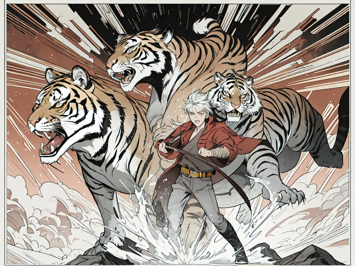 The dragon and the tiger are glaring at each other, Roaring Dragon, Tiger showing its fangs, Violent, Showdown, thunder, Dark Clouds, Movie Posters, Fantasy,