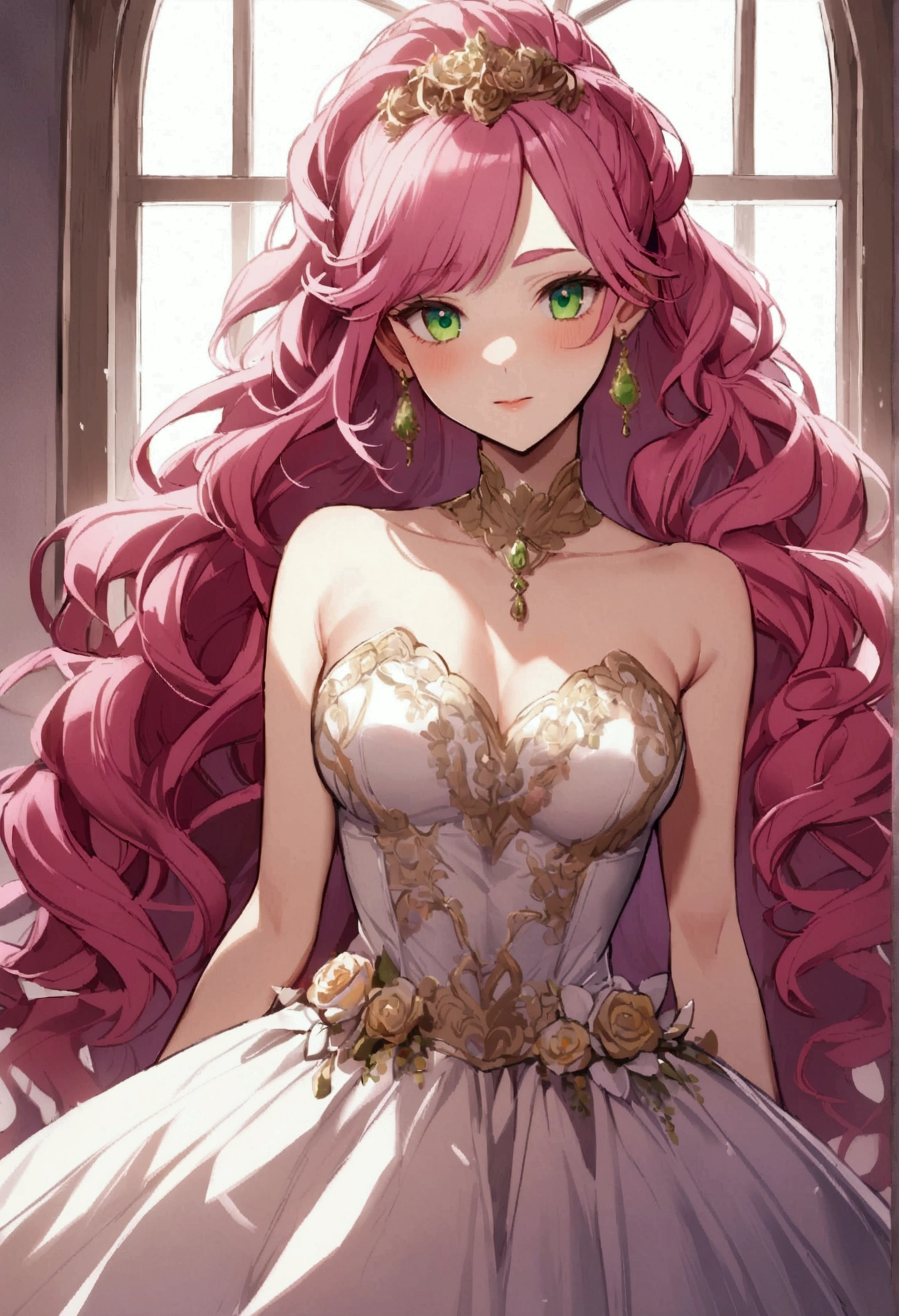 30 years old girl, deep pink hair, purple ponytail, long hair, wavy hair, pink eyebrows, green eyes, wearing gold earrings, wearing a wedding dress
