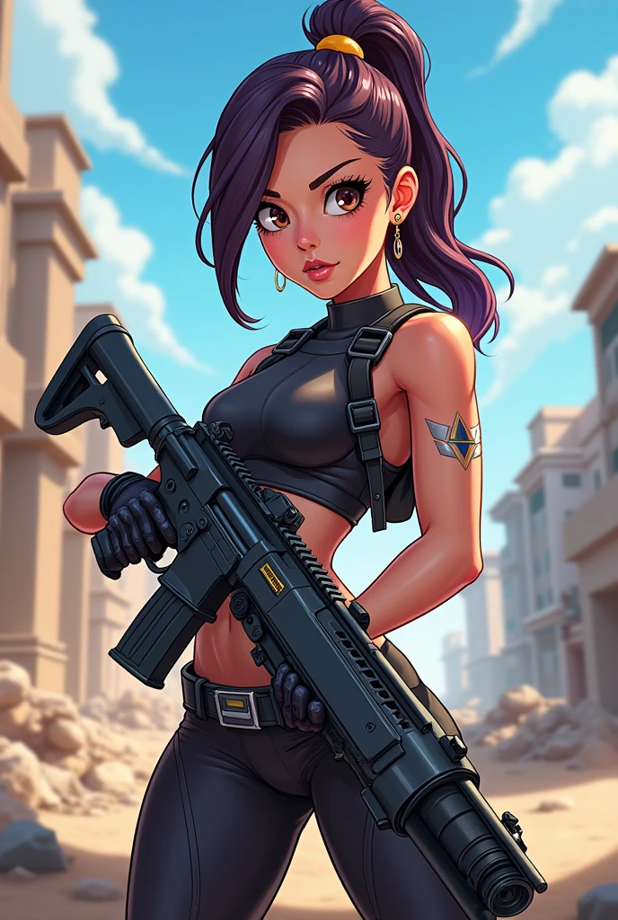 A female character from a battle royale game with a gun in her hand. Cartoon graphic