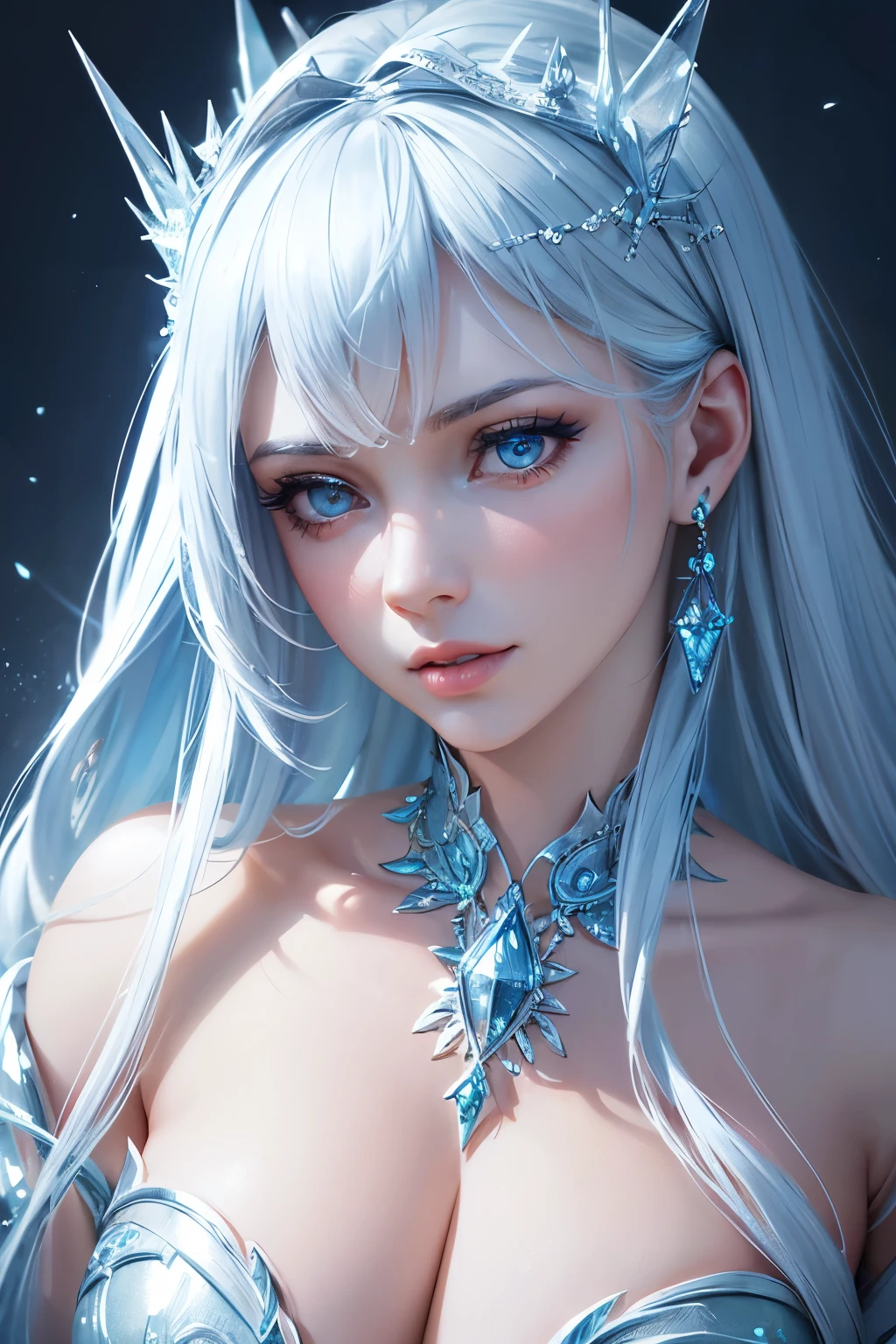 a stunning ice queen, 1girl, beautiful detailed eyes, beautiful detailed lips, extremely detailed face, long eyelashes, intricate ice crystal crown, flowing ice blue dress, ice storm swirling around, icy blue lighting, ethereal and otherworldly, (best quality,8k,detailed,masterpiece:1.2),ultra-detailed,(realistic,photorealistic,photo-realistic:1.37),digital art, fantasy, cinematic lighting, dramatic mood