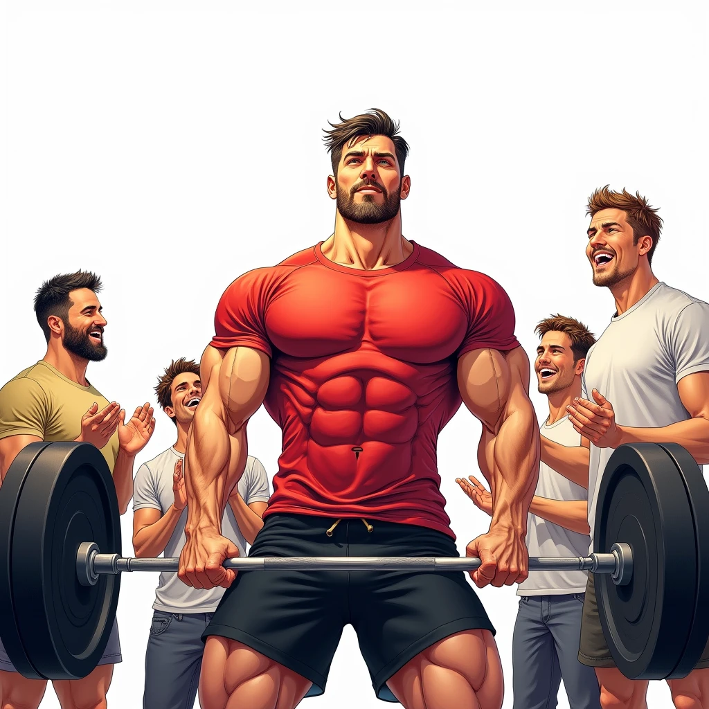manga art style, best quality, masterpiece, full body image of 25 year old man wearing red tshirt and black shorts, (lifts barbell), four friends cheering beside him, perfect fingers, perfect hands, perfect face, perfection, white background