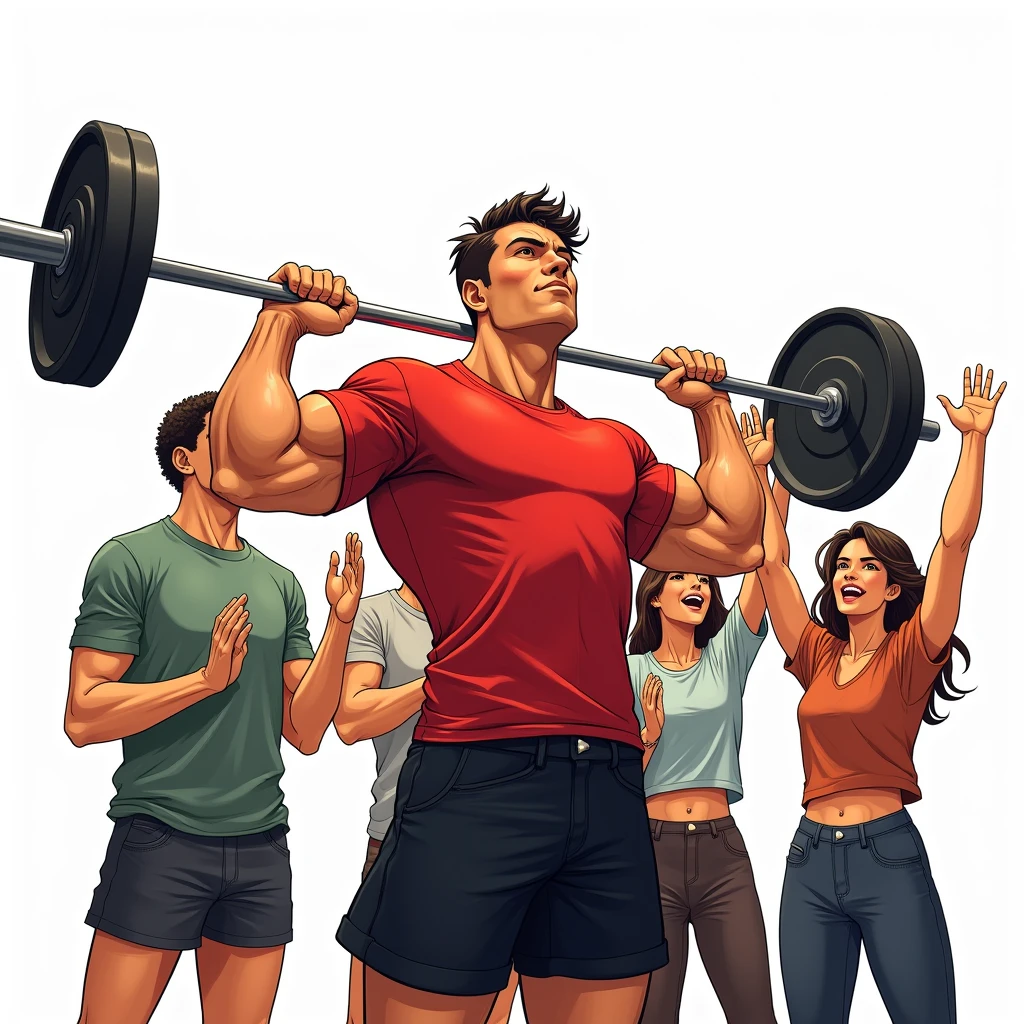 manga art style, best quality, masterpiece, full body image of 25 year old man wearing red tshirt and black shorts, (lifts barbell), four friends cheering beside him, perfect fingers, perfect hands, perfect face, perfection, white background