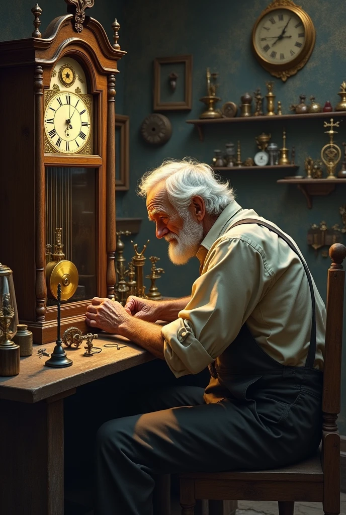 Old man with his back turned fixing the machinery of a clock