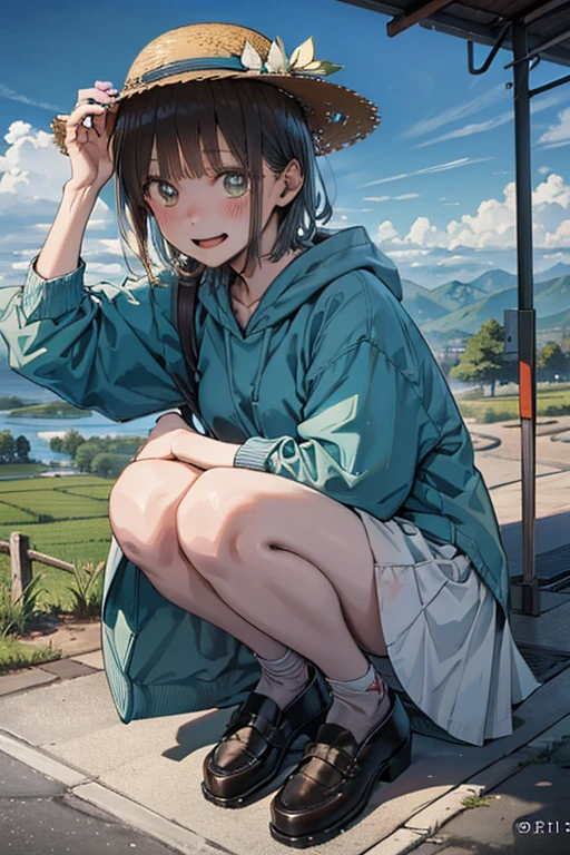 ((best quality)), ((masterpiece)), (detailed), 1girl, sexly, ChinatsuKano, 
smile,Open your mouth, ((close up head)),
embarrassed,  White dress, Big straw hat,　(from above:1.2),　squatting, (partially underwear shot), apart legs, Roadside in the countryside,In the mountains,Unpopular place,Rusty bus stop,Shade,Fresh morning air,Soft sunlight,I can see the mountains,cumulonimbus,