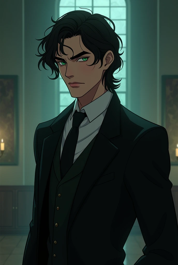 Man 2 , wavy black hair, white complexion, cold and captivating gaze, green eyes, hard and attractive features, inside the position classroom at Hogwarts. Dressed in an elegant black suit, he exudes an air of power and mystery. Animation