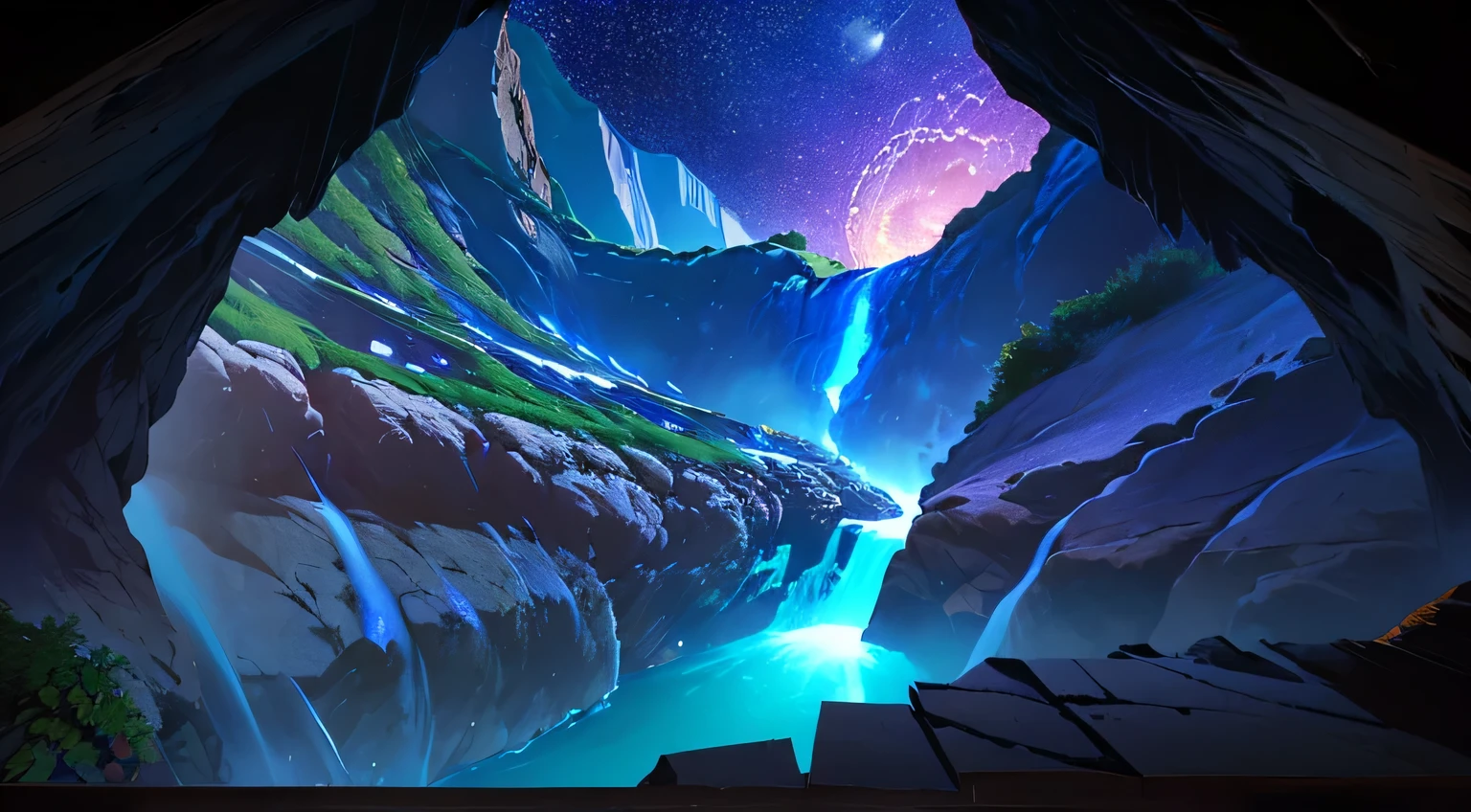 masterpiece、background with((Fantastic starry sky、meteorites、black hole、planets))、depth((Fantastic big cliff with waterfall、luminescent、plants、City on a cliff))、seeking out