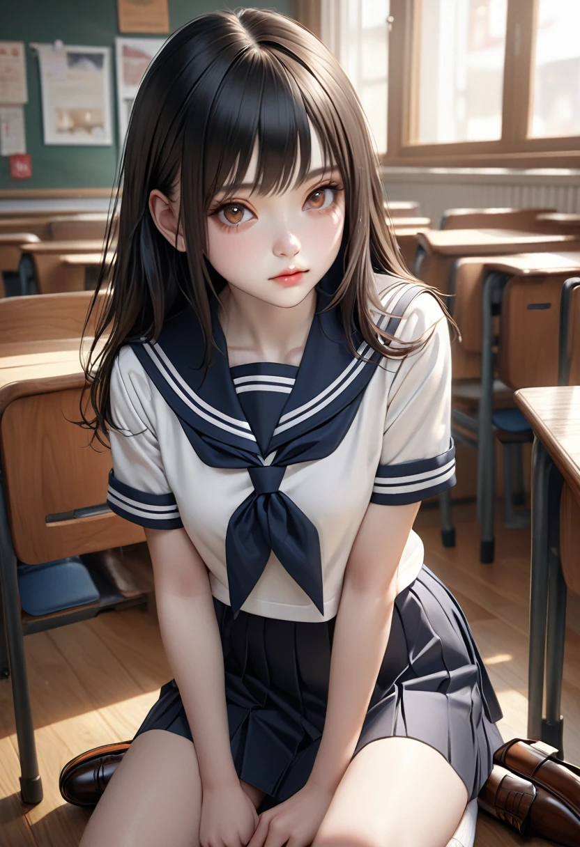 A beautiful detailed girl with long straight black hair, brown eyes, pale skin, wearing a sailor uniform, white socks, and loafers, (best quality,4k,8k,highres,masterpiece:1.2),ultra-detailed,(realistic,photorealistic,photo-realistic:1.37),detailed facial features, intricate clothing folds, soft lighting, warm color palette, school setting, cinematic composition