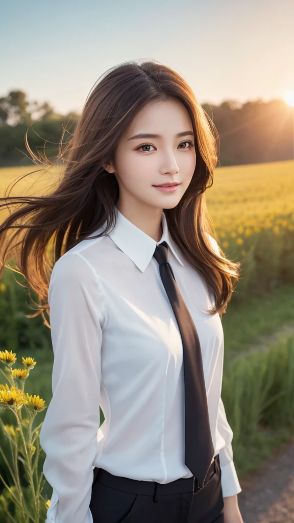 highest quality、genuine、Super detailed、finely、High resolution、8k wallpaper、one beautiful woman、、、light brown disheveled hair、wearing a business suit、sharp focus、perfect dynamic composition、beautiful and detailed eyes、thin hair、Detailed genuine skin texture、smile、model body shape、In a windswept meadow