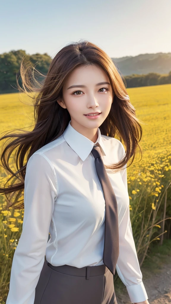 highest quality、genuine、Super detailed、finely、High resolution、8k wallpaper、one beautiful woman、、、light brown disheveled hair、wearing a business suit、sharp focus、perfect dynamic composition、beautiful and detailed eyes、thin hair、Detailed genuine skin texture、smile、model body shape、In a windswept meadow