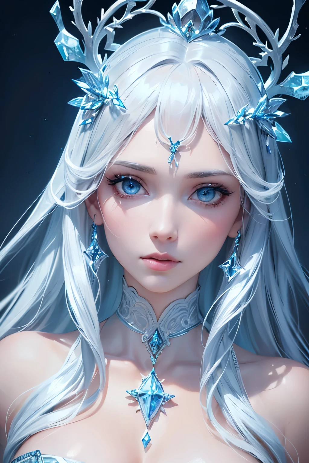 a stunning ice queen, 1girl, beautiful detailed eyes, beautiful detailed lips, extremely detailed face, long eyelashes, intricate ice crystal crown, flowing ice blue dress, ice storm swirling around, icy blue lighting, ethereal and otherworldly, (best quality,8k,detailed,masterpiece:1.2),ultra-detailed,(realistic,photorealistic,photo-realistic:1.37),digital art, fantasy, cinematic lighting, dramatic mood